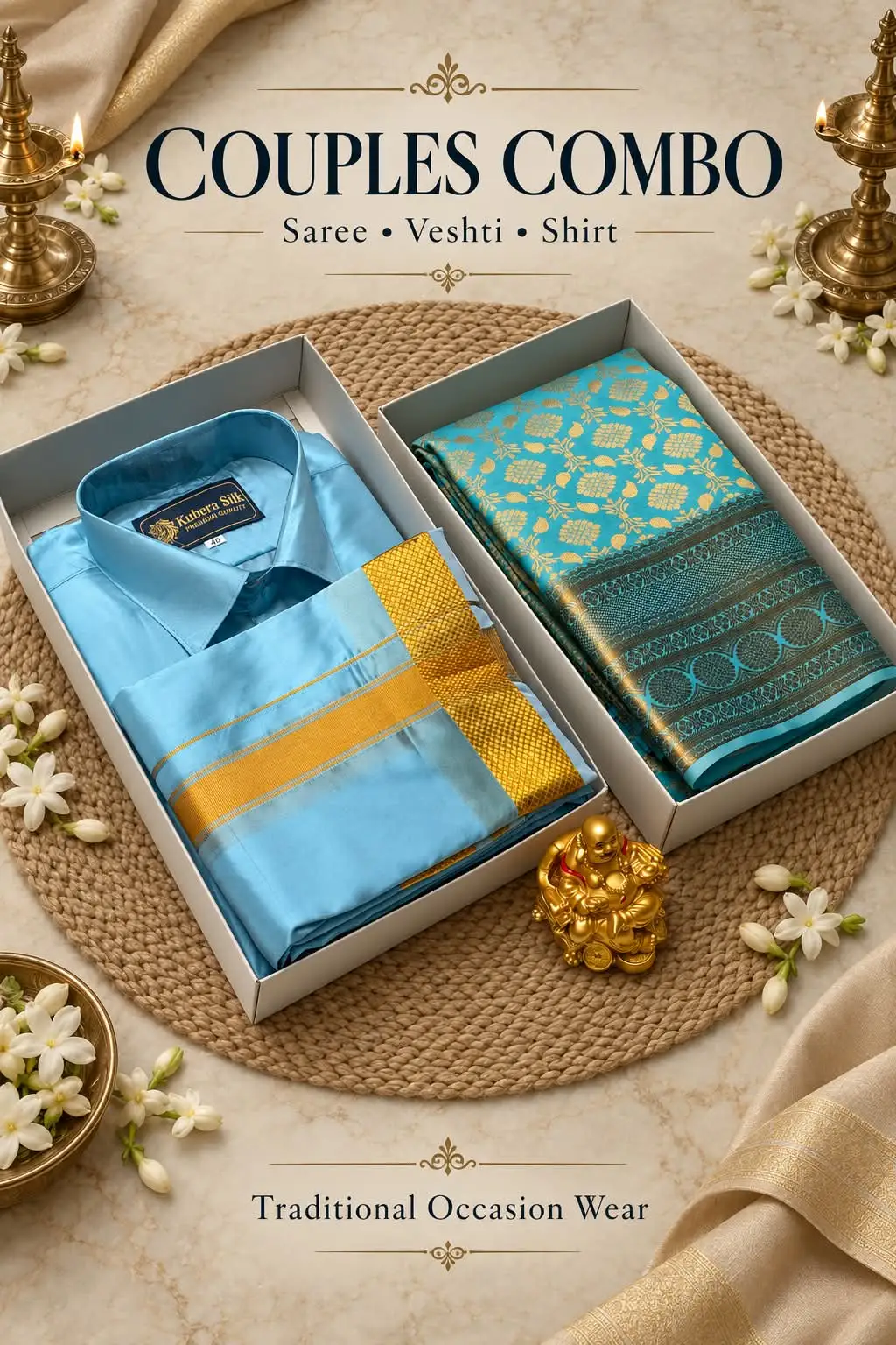 Floral & Geometric Zari Woven Couple Combo Set
